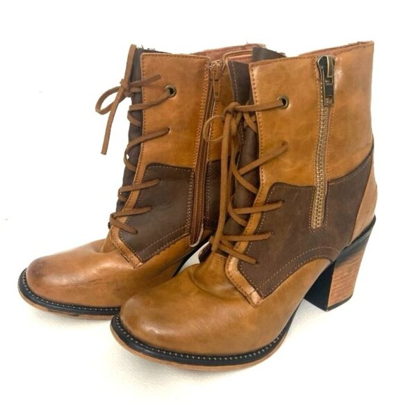 Pierre Dumas Lace Up Zipper Boots Women’s 8.5 Brown Tan 2 Toned Neutral Boho - Picture 1 of 9